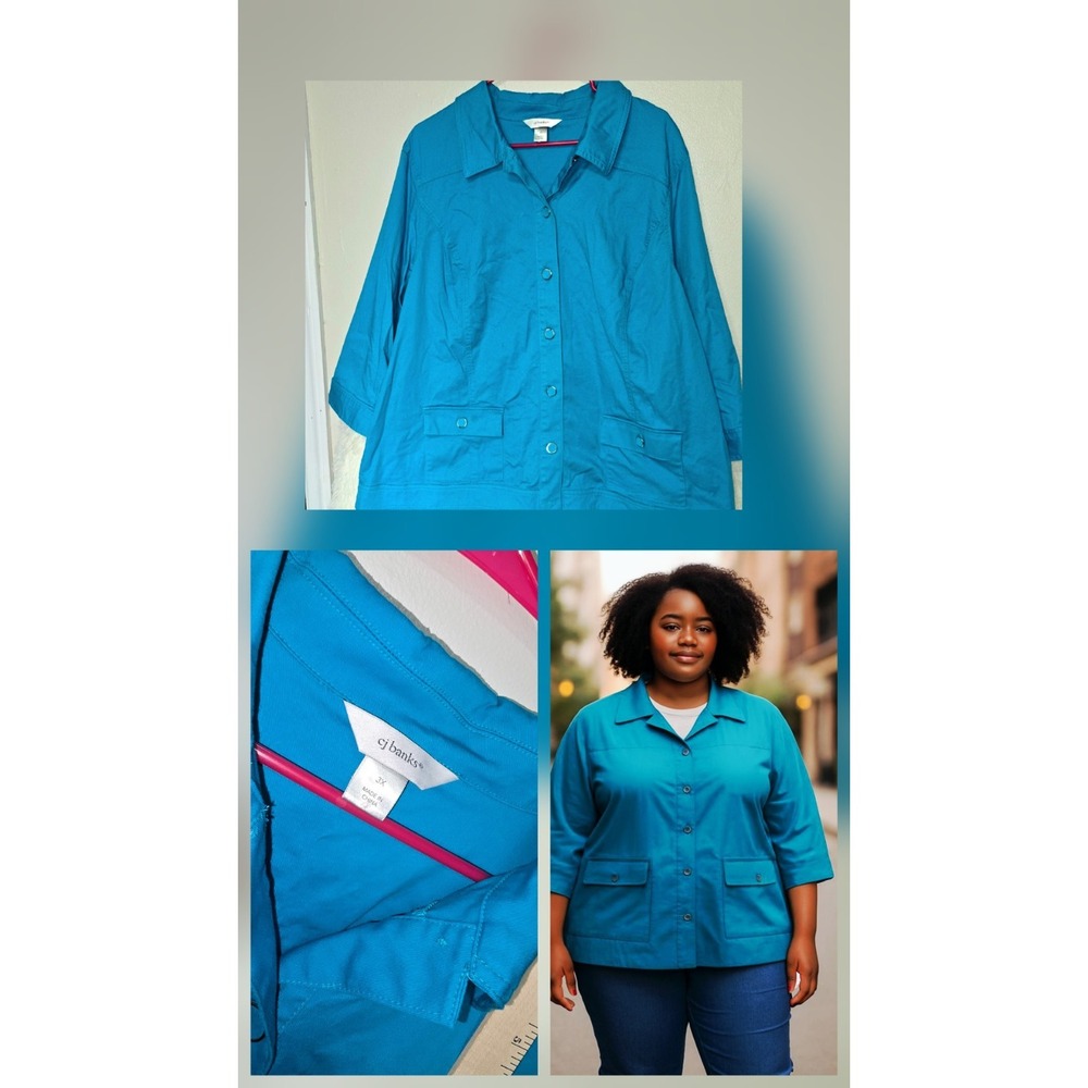 CJ‎ Banks Blouse 3/4 Sleeve Boxy Ribbed Women's Size 3x Topical Blue Vacation